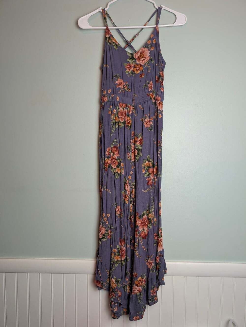 ​Whimsical Romantic American Eagle Floral Jumpsuit Purple Ruffle
